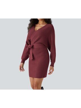 Halara Womens Crossover V-Neck Batwing Long Sleeve Belted Mini Sweater Dress